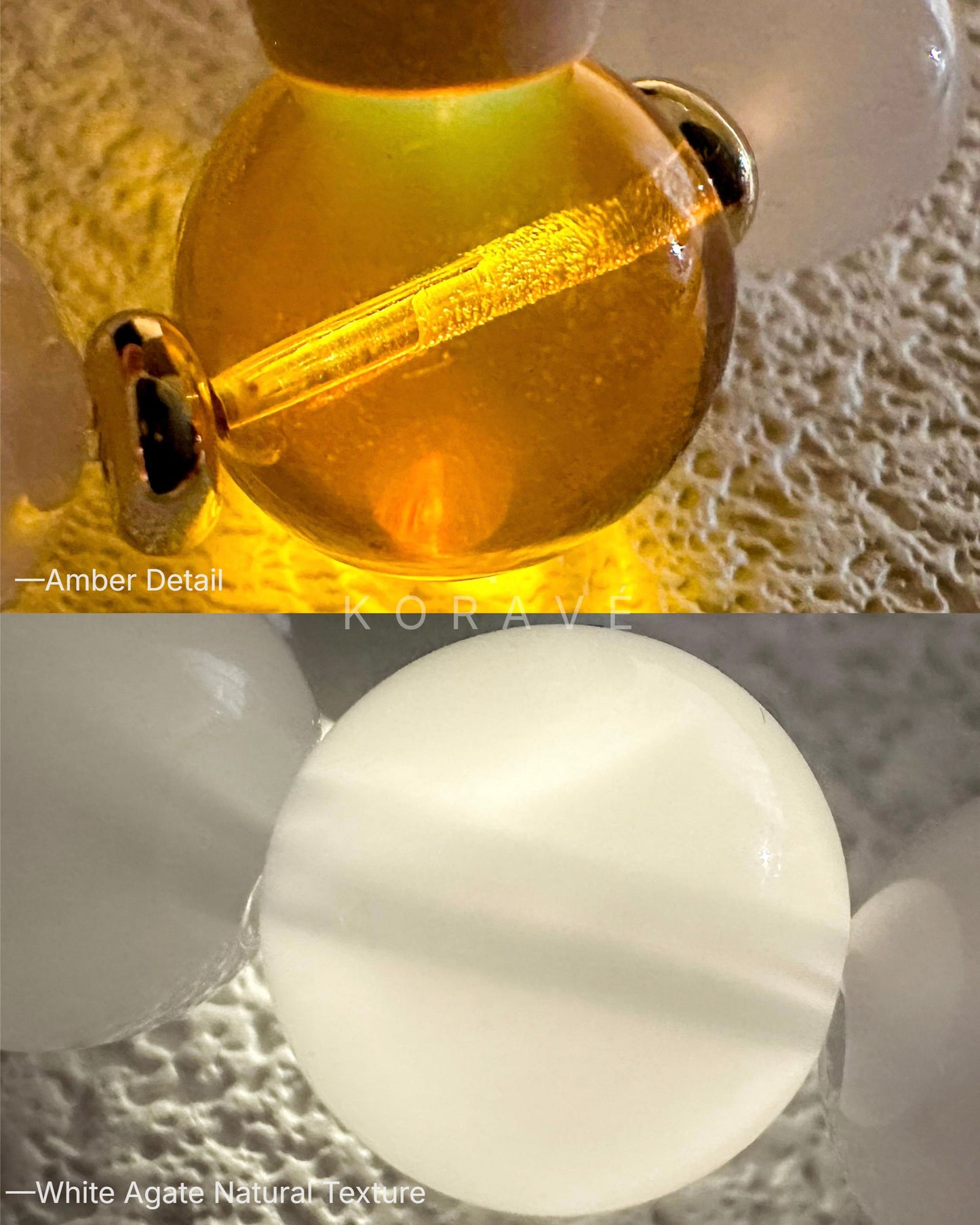 Close-up detail of amber and white agate beads