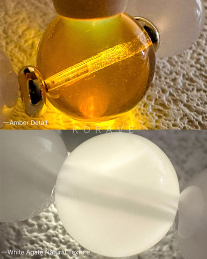 Close-up detail of amber and white agate beads