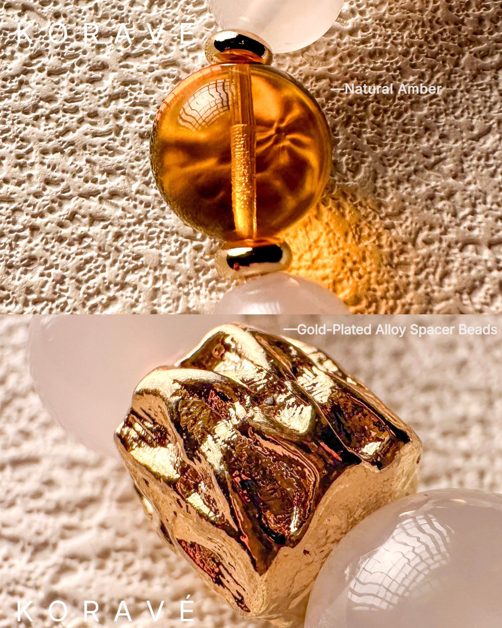 Close-up detail of amber and barrel beads