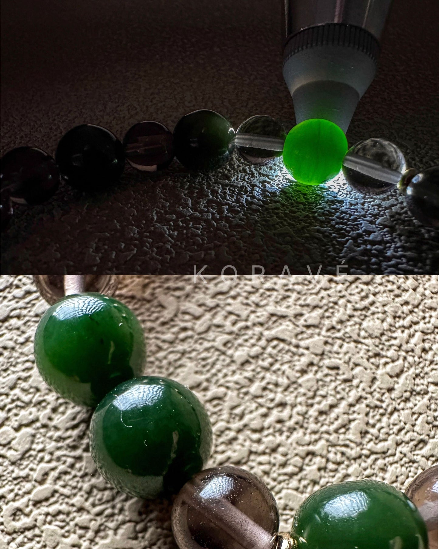 Close-up of green jasper beads showing forest-inspired colors and stone texture