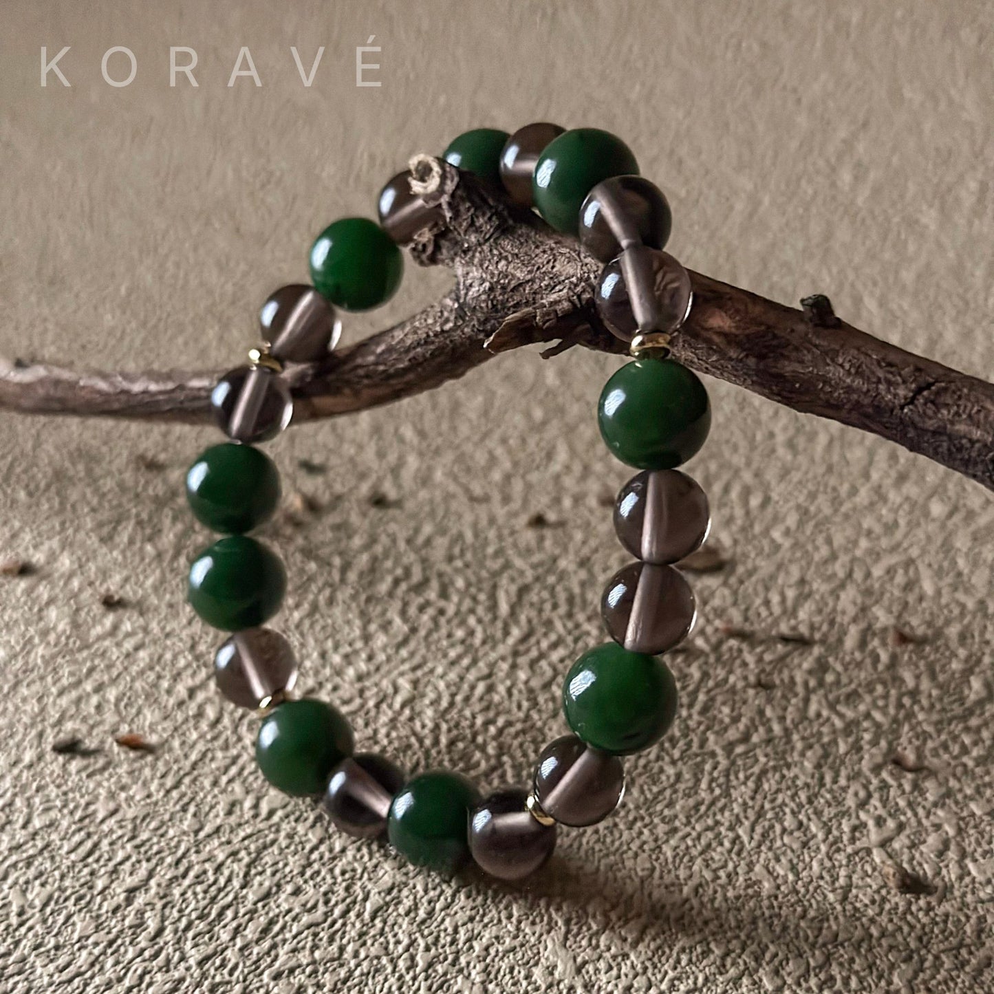 Green jasper and smoky quartz bracelet inspired by the forests and earth of Yubeng Village