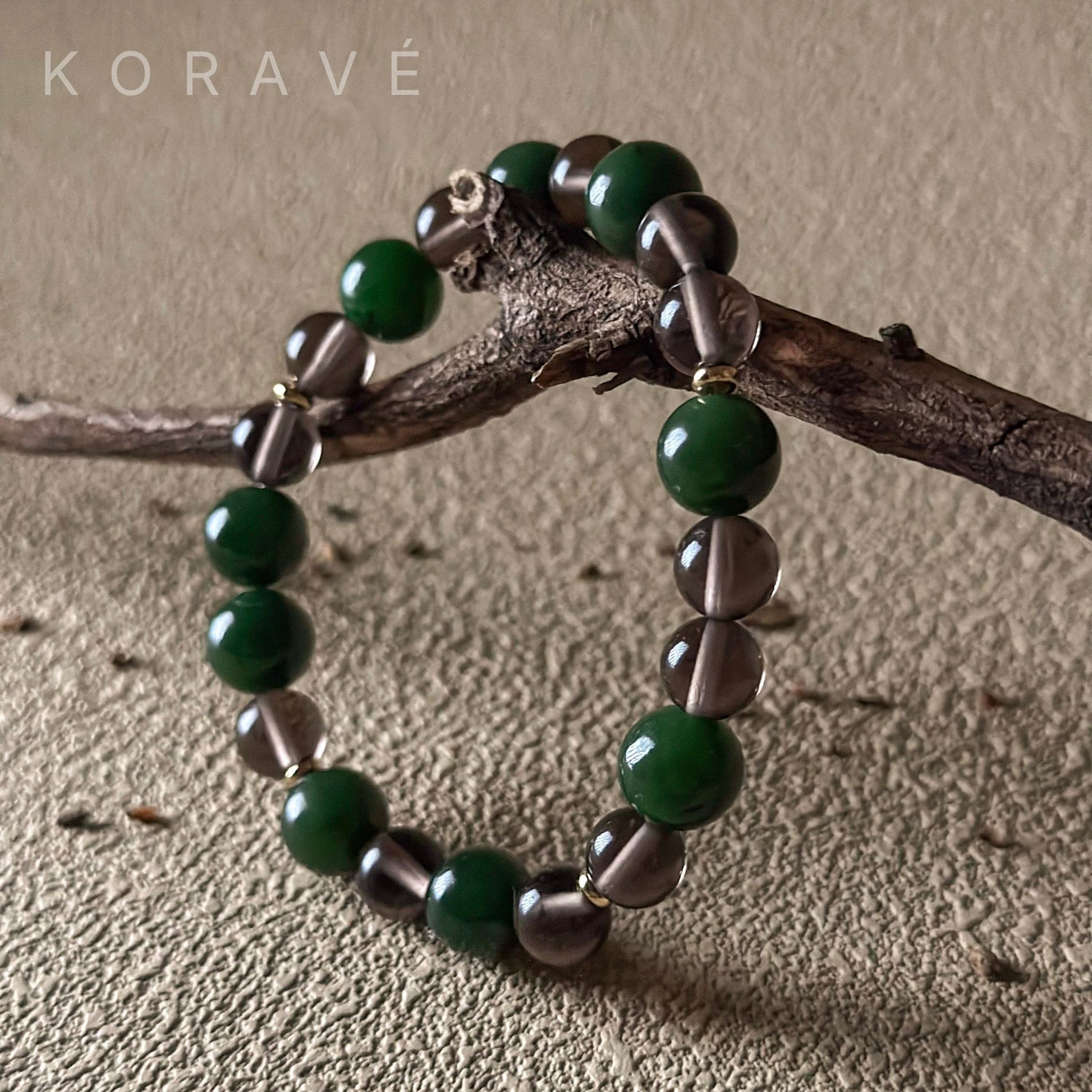 Green jasper and smoky quartz bracelet inspired by the forests and earth of Yubeng Village