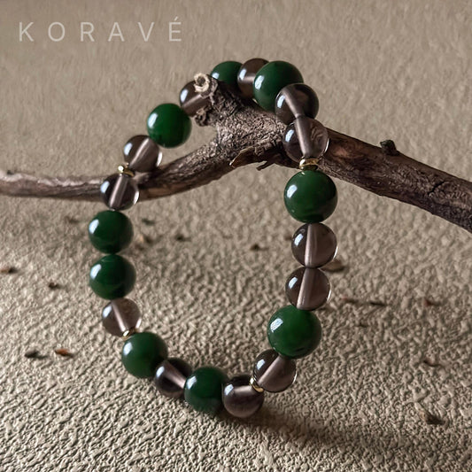 Green jasper and smoky quartz bracelet inspired by the forests and earth of Yubeng Village