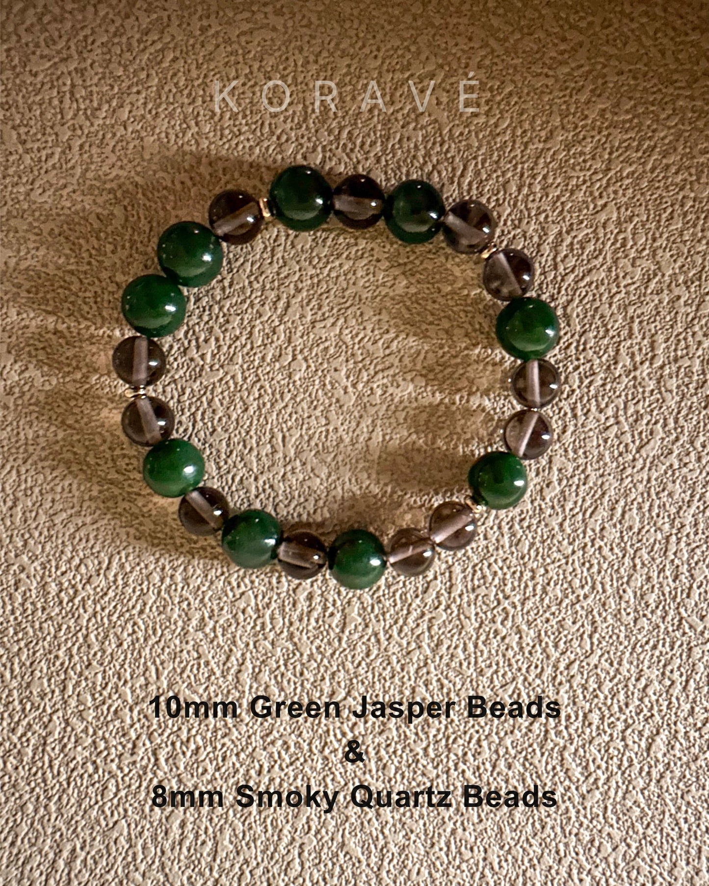Green jasper and smoky quartz bracelet with bead size information