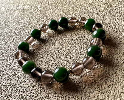 Green jasper and smoky quartz bracelet showcasing natural colors and handmade details