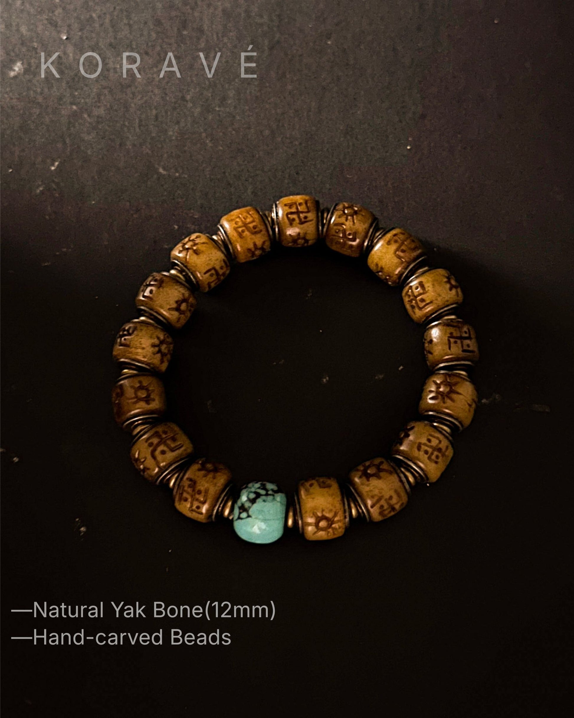 Yak bone bracelet featuring 12mm natural bone beads and bracelet size details
